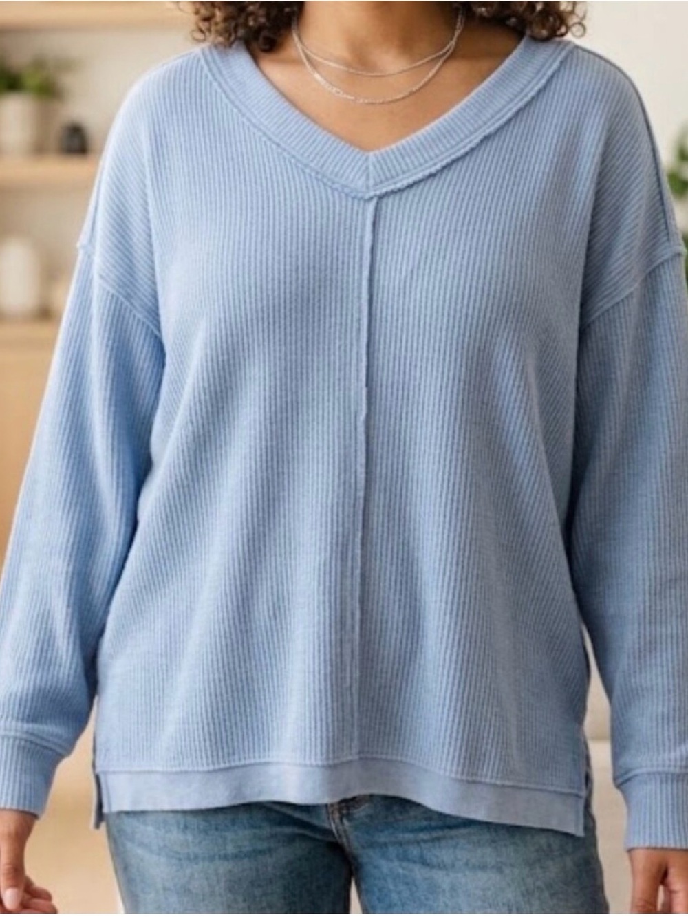 Aerie Oversized Light Blue Waffle Knit V-Neck Sweater - Size M